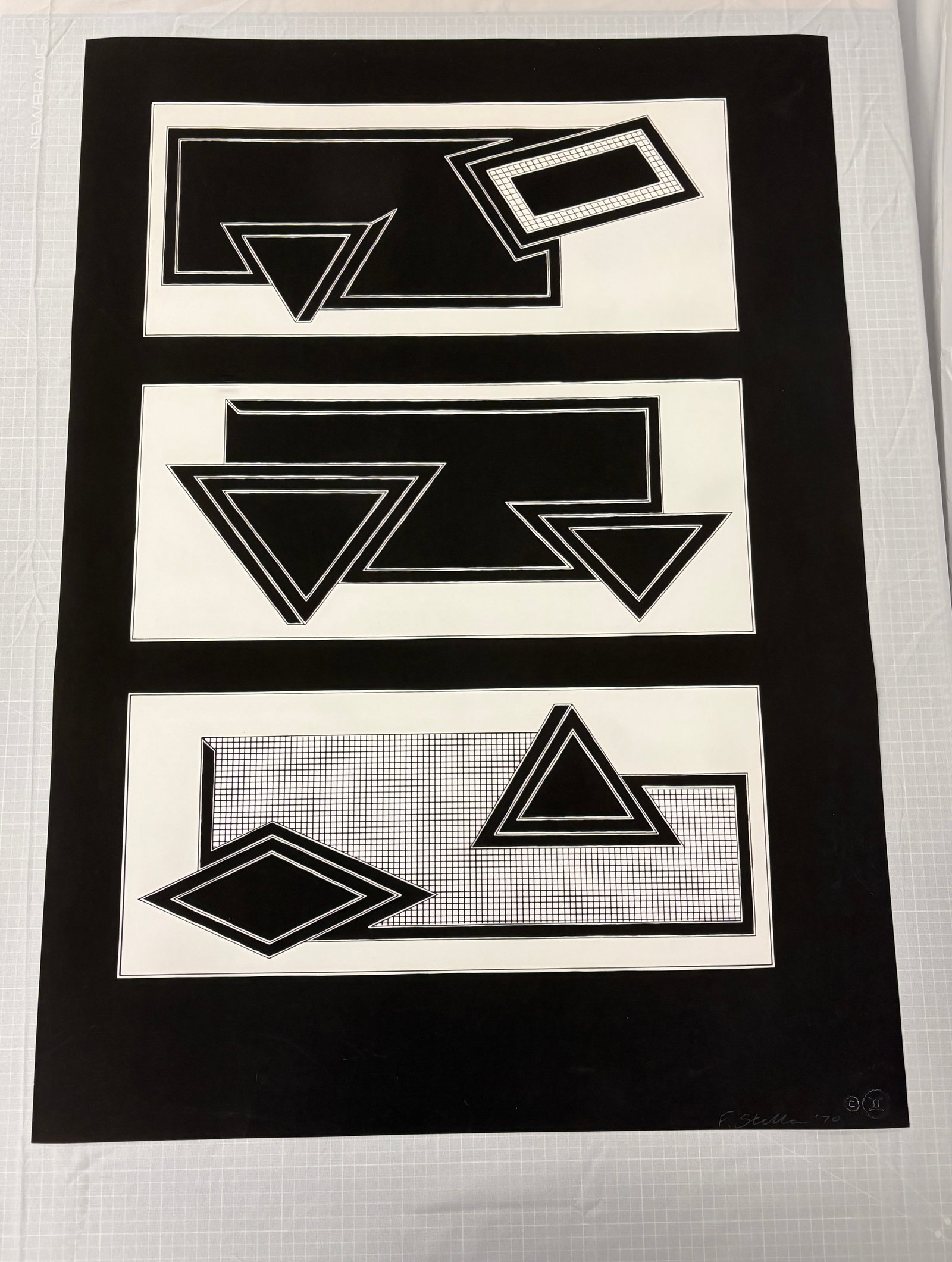 Frank Stella "Black Stack" sold after: Frank Stella "Black Stack", Offset Lithograph on heavy wove paper. Measures approx. 34.25x41 inches. Unknown print date. Signed with Gemini GEL Blindstamp. These are part of the estate sale and we do 