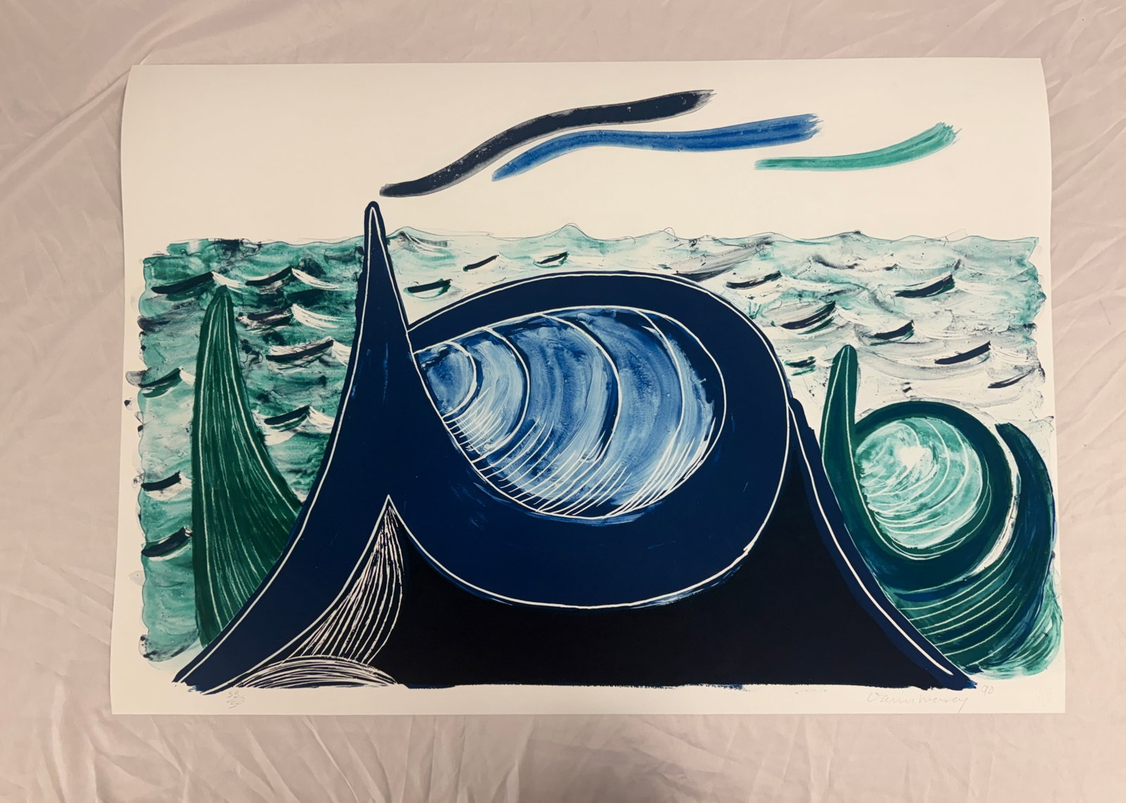 David Hockney 'The Wave' Print after: David Hockney- The Wave, Lithograph sold after. Print on arches 88 paper. Tyler Graphics, Ltd., blindstamp. full sheet, measures 27x38 in. These are part of the estate sale and we do not have a COA. A
