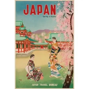 JAPAN, SPRING IN KYOTO TRAVEL POSTER: JAPAN, SPRING IN KYOTO TRAVEL POSTER, measures 42.00 X 28.00 inches, linen backed These are part of the estate sale and we do not have a COA. All lots offered in our auctions are sold strictly on an "