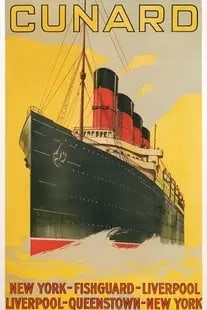 Cunard Travel Poster: Cunard Travel Poster, unknown printing date. On archival paper, linen backed. Measures approx. 36 x 54 inches.These are part of the estate sale and we do not have a COA. All lots offered in our auctio