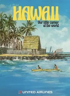Hawaii United Airlines Travel Poster: Hawaii United Airlines Travel poster, printed on archival paper, measures 24x36 inches. Linen backed. These are part of the estate sale and we do not have a COA. All lots offered in our auctions are s