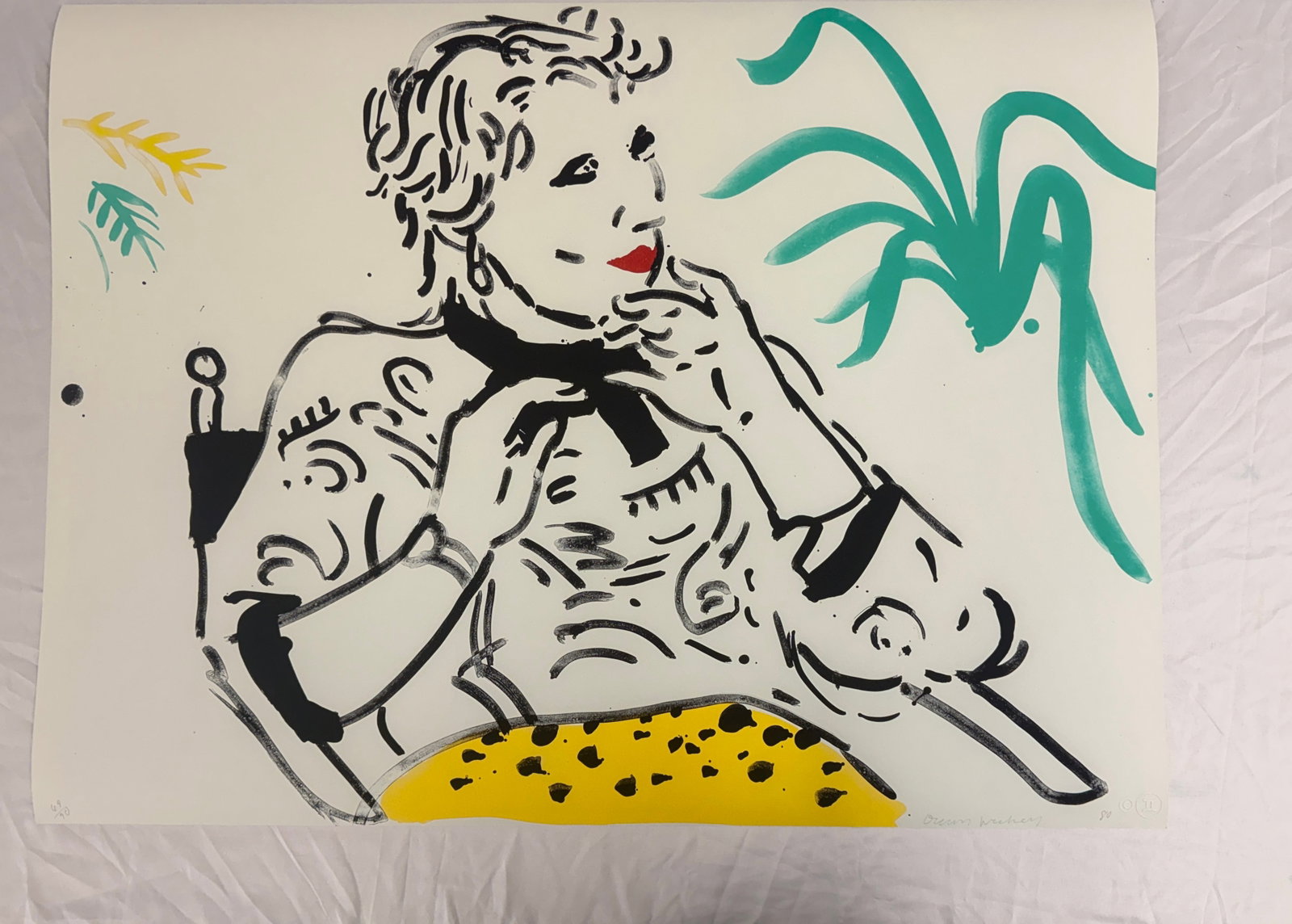 David Hockney- Celia with Green Plant, 1980. After: David Hockney- Celia with Green Plant, 1980. Lithograph in colors on Arches Paper. Sold After. Measures 29- 3/4 x 39- 1/2 inches. These are part of the estate sale and we do not have a COA. All lots o