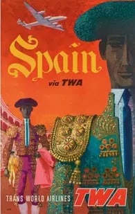 Spain via TWA Travel Poster: Fly TWA, Spain poster by David Klein. 1960. Archival paper, linen backed. Measures approx. 40x25 inches. These are part of the estate sale and we do not have a COA. All lots offered in our auctions ar