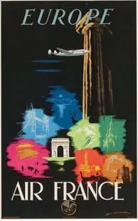 Air France, Europe Poster: Air France Europe poster by Edmund Maurus c. 1948 unknown printing date. Measures approx. 39x24.5 inches. These are part of the estate sale and we do not have a COA. All lots offered in our auctions a