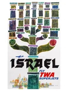 "Fly TWA Superjets, Israel" Poster: "Fly TWA Superjets, Israel" Poster - Linen backing, Measures 24.00 X 32.00 Inches, Unknown printing date. These are part of the estate sale and we do not have a COA. All lots offered in our auctions a