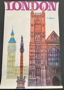 London Travel Poster for TWA: London TWA travel poster of a Royal Guard. Artwork done by David Klein for TWA in 1962. Printed at a later date. On Archival quality paper and linen backed. Measures 34.5 x 23.5These are part of the e