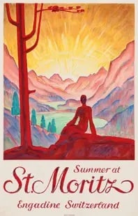 Summer at St. Moritz Poster: Summer at St. Moritz by Hugo Laubi c. 1929 unknown printing date. archival paper, backed with linen. Measures approx. 39.5x 25 inches. These are part of the estate sale and we do not have a COA. All l