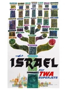 "Fly TWA Superjets, Israel" Poster: "Fly TWA Superjets, Israel" Poster - Linen backing, Measures 24.00 X 32.00 Inches, Unknown printing date. These are part of the estate sale and we do not have a COA. All lots offered in our auctions a