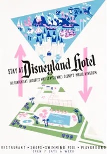 Disneyland hotel park entrance poster: Disneyland hotel park entrance poster. Print on Archival paper, linen backed. Measures 36 x 54 inches. These are part of the estate sale and we do not have a COA. All lots offered in our auctions are