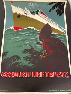 Cosulich Line, Trieste Italy Travel Poster: Cosulich line, trieste Italy, Travel poster print on archival paper, linen backed. Measures 24x36 inches. These are part of the estate sale and we do not have a COA. All lots offered in our auctions a