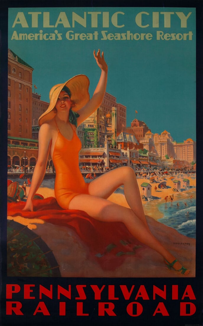 Atlantic City, Pennsylvania Railroads Travel Poster: Atlantic City, Pennsylvania Railroads travel poster by Edward Eggleston Edwards on archival quality paper, linen backed. Measures approx.These are part of the estate sale and we do not have a COA. All