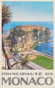 Principauté de Monaco Poster: Principauté de Monaco travel poster, artist unknown, on archival quality paper, linen backed. Measures approx. 24x36 in. These are part of the estate sale and we do not have a COA. All lots offered i