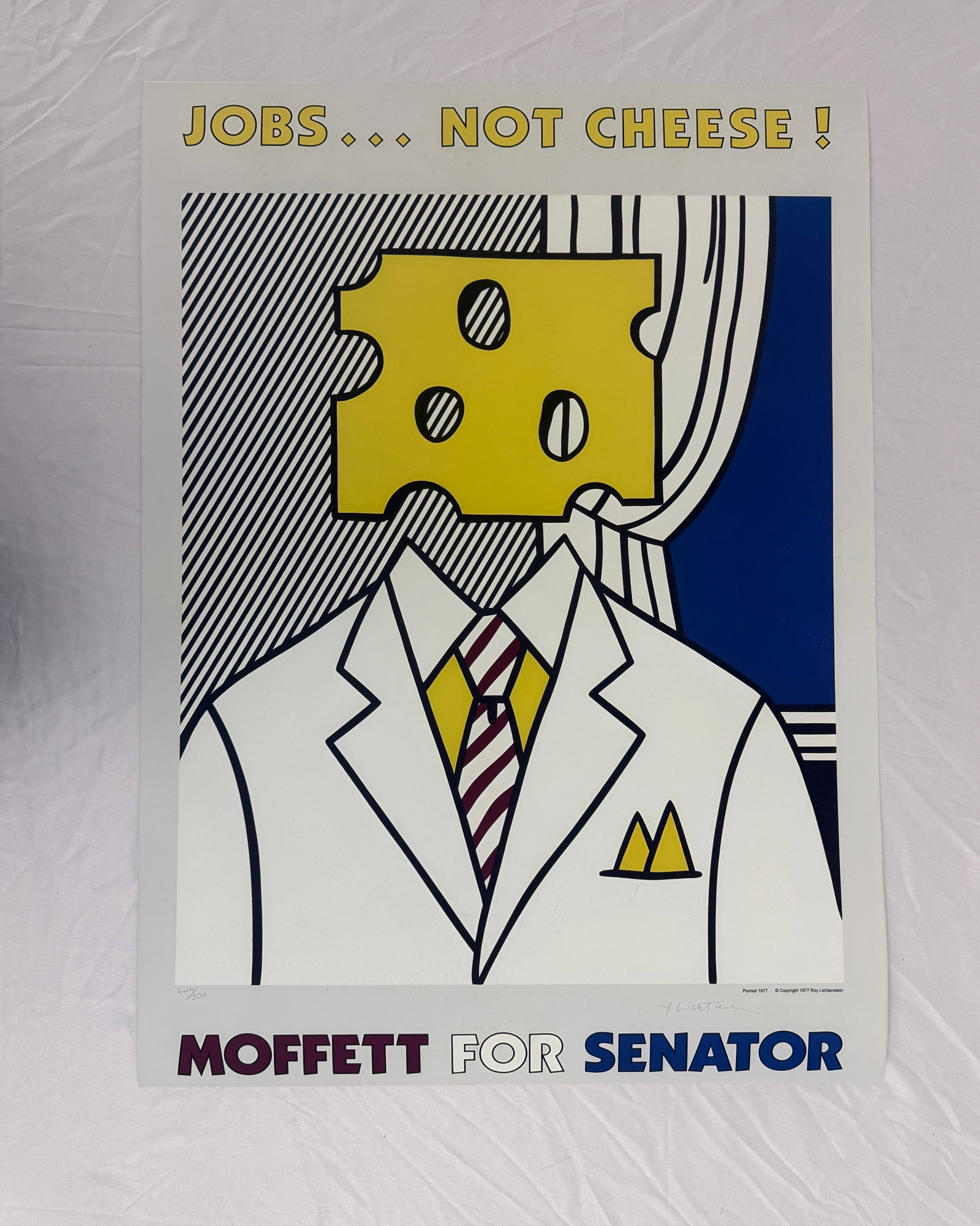 Roy Lichtenstein 'Jobs... Not Cheese!, 1982' Print after: Jobs... Not Cheese!, 1982' print Roy Lichtenstein after. Printed on heavy wove paper, measures 34.25x 23.5 inches. These are part of the estate sale and we do not have a COA. All lots offered in our a