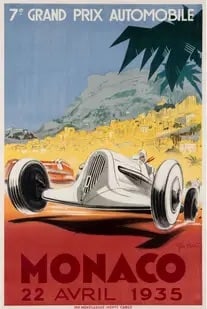 Monaco Grand Prix Poster, 1935: Monaco Grand Prix 1935 poster by Geo Ham (George Hammel) on archival quality poster, linen backed, Measures 47x31 inches.These are part of the estate sale and we do not have a COA. All lots offered in