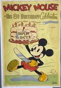 Mickey Mouse 8th Birthday Celebration Movie Poster.: Poster on linen (Mickey Mouse 8th Birthday Celebration) measures 60.0 X 40.0 Inches, unknown printing date.These are part of the estate sale and we do not have a COA. All lots offered in our auctions 
