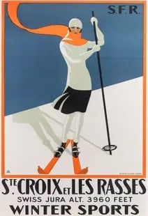 Ste. Croix Les Rasses Ski Poster: Ste. Croix Les Rasses Ski Poster by R. H. on archival quality paper, linen backed. measures approx. 40.5x 26 inches These are part of the estate sale and we do not have a COA. All lots offered in our 