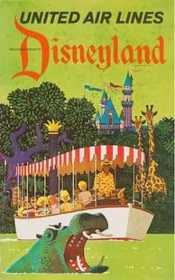 United Airlines Disneyland Travel Poster: Vintage United Airlines Disneyland travel poster, on archival paper. Unknown printing date. Measures 22x36. Linen backed. These are part of the estate sale and we do not have a COA. All lots offered i