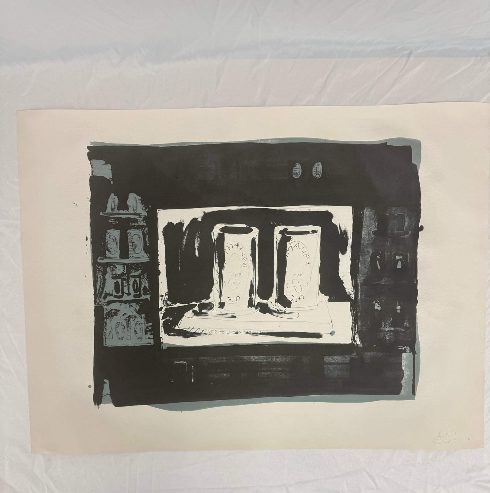 Jasper Johns 'Ale Cans' Print, after: Jasper Johns 'Ale Cans' Print, after. Print on wove paper, with full margins. Sheet measures 22.75x 31 in. Gemini G.E.L. Blindstamp on lower right corner. These are part of the estate sale and we do n