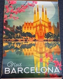 Visit Barcelona Travel Poster: Visit Barcelona Travel Poster print on archival paper, measures 24x36 inches, approx. Linen backed. These are part of the estate sale and we do not have a COA. All lots offered in our auctions are sol