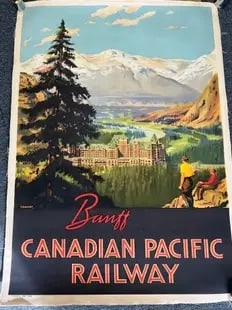 Banff Canadian Pacific Railway Travel Poster: Banff Canadian Pacific Railway Travel Poster archival quality paper with linen backing. Poster measures approx. 22.5x 36 inches.These are part of the estate sale and we do not have a COA. All lots off
