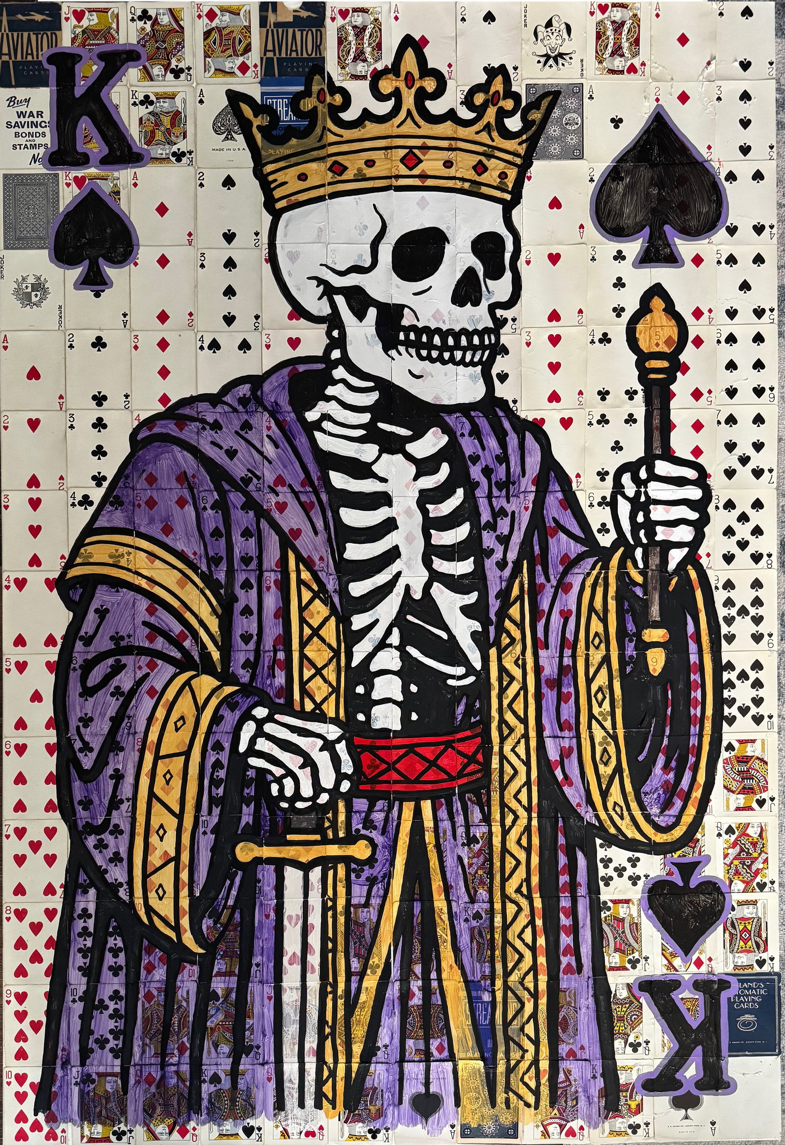 THE KING IS DEAD 2025 ORIGINAL MIXED MEDIA CHAD FANDEL 1/1: THE KING IS DEAD, Acrylic, vintage playing card sets from 1940s, 50s, and 60s, on canvas“The King is Dead” by Chad Fandel is a commanding pop art mixed media piece that fuses history, symbolis