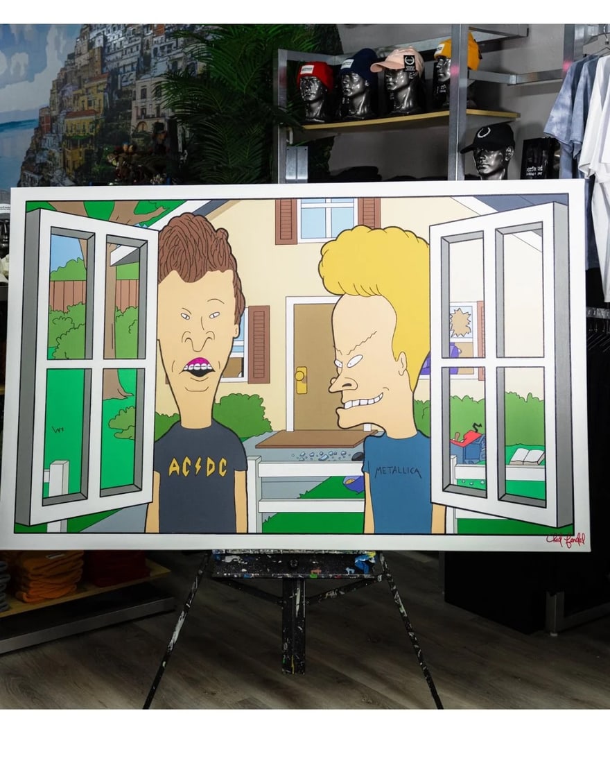 NEW NEIGHBORS 2022 ORIGINAL POP ART PAINTING CHAD FANDEL 1/1: NEW NEIGHBORS, Acrylic on canvasA bold, large-scale pop art composition featuring Beavis and Butt-Head, New Neighbors captures a nostalgic yet irreverent moment drawn from iconic animated culture, usi
