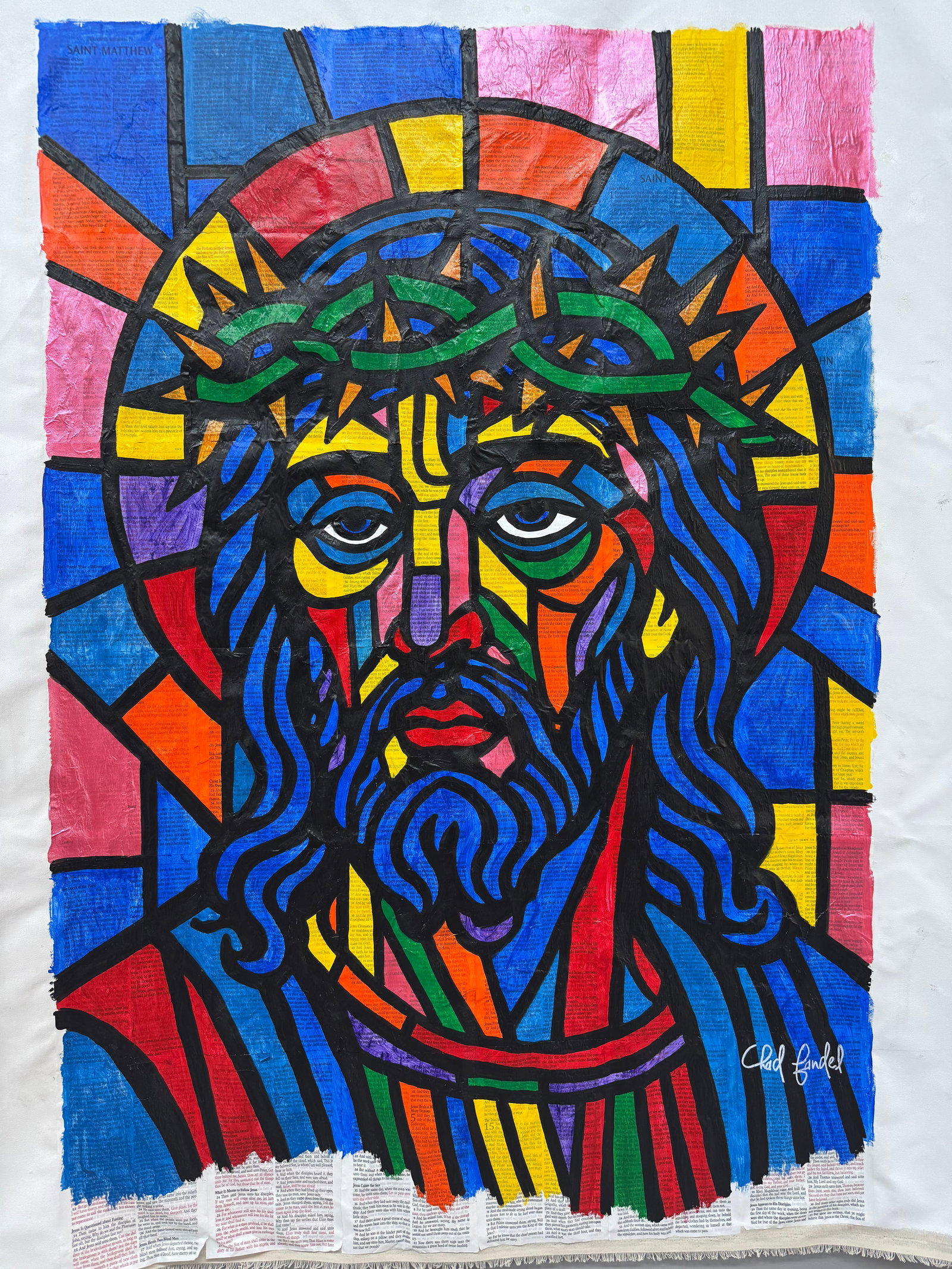 THE LIGHT OF THE GOSPELS 2025 ORIGINAL MIXED MEDIA CHAD FANDEL 1/1: THE LIGHT OF THE GOSPELS, 202548 x 36 inchesAcrylic, vintage Bible pages from the books of Matthew, Mark, Luke, and John, on canvas“The Light of the Gospels” by Chad Fandel is a vibrant mixed