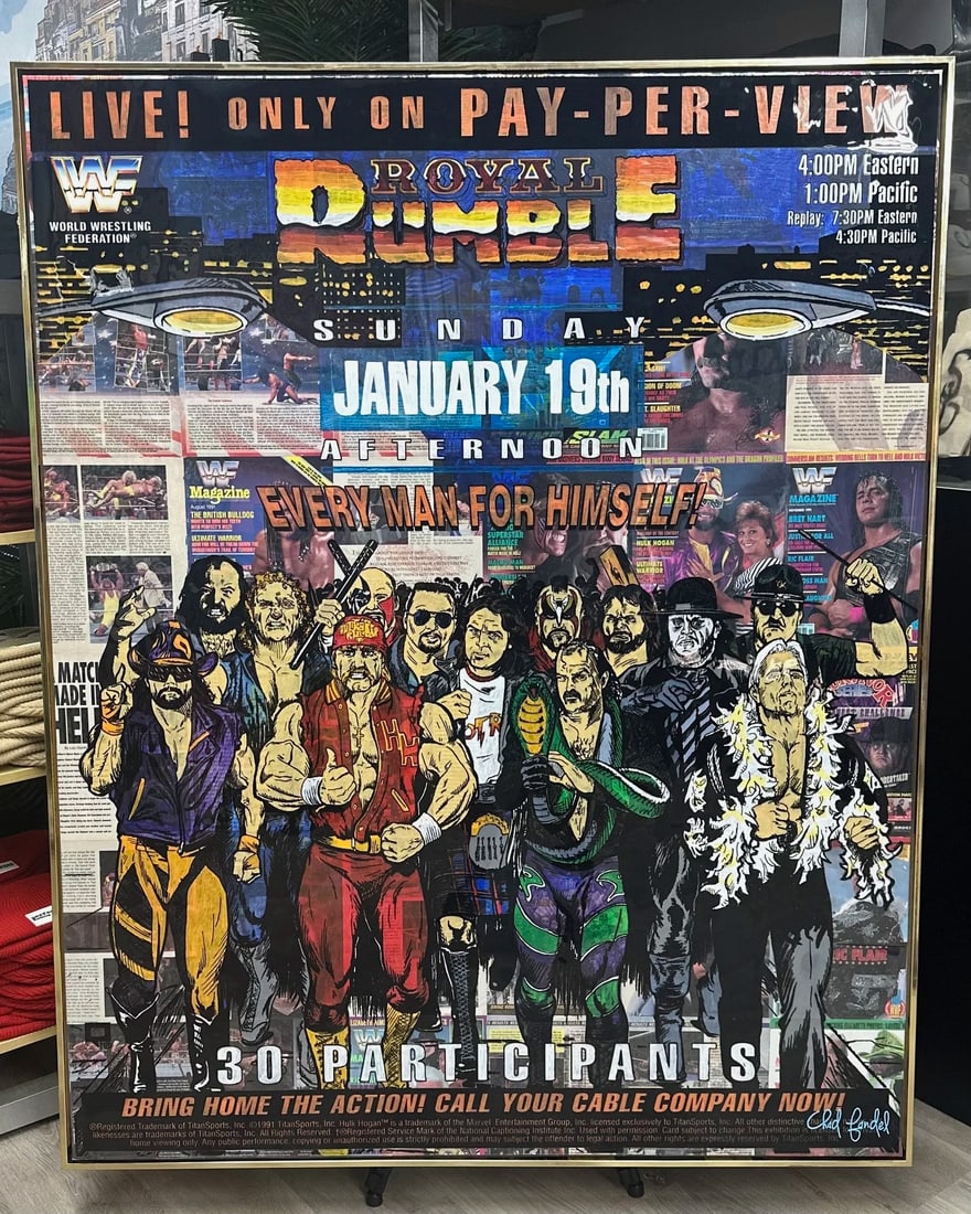 BRAWL FOR THE BELT 2023 ORIGINAL MIXED MEDIA CHAD FANDEL 1/1: BRAWL FOR THE BELT, Acrylic, original WWF magazine covers and pages (1991–1992), screen-printed clear plastic on canvas, framedA bold, large-scale pop art composition inspired by one of the most ico