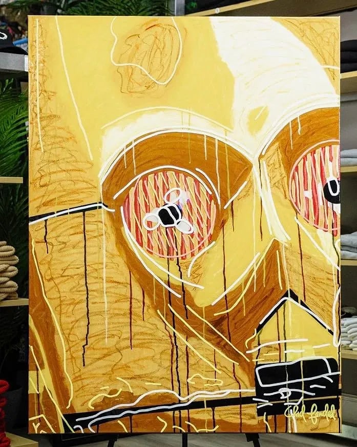 THREEPIO 2023 ORIGINAL MIXED MEDIA PAINTING CHAD FANDEL 1/1: Original mixed media painting titled Threepio by artist Chad Fandel, 2023. 40 x 30 inches, unframed, shipping dimensions 44 x 34 x 6 inches. Acrylic, watercolor, oil pastel, markers, epoxy resin on ca