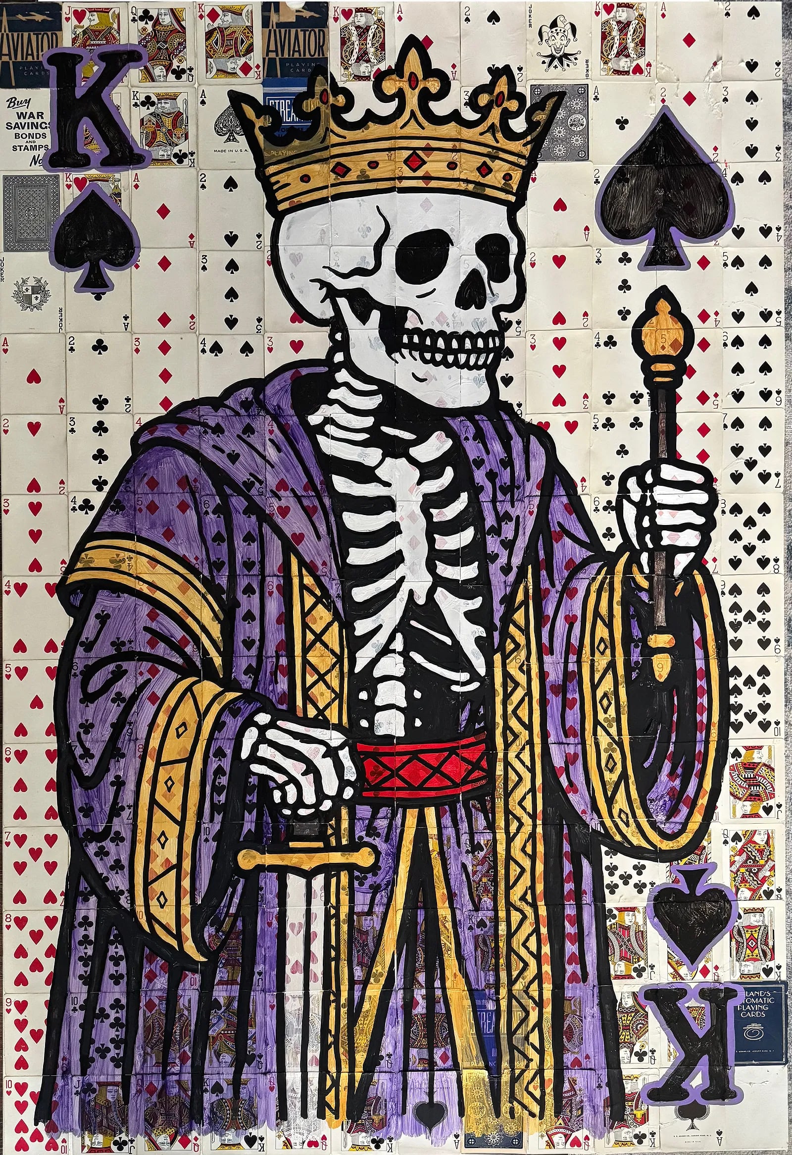 THE KING IS DEAD 2025 ORIGINAL MIXED MEDIA CHAD FANDEL 1/1: THE KING IS DEAD, Acrylic, vintage playing card sets from 1940s, 50s, and 60s, on canvas"The King is Dead" by Chad Fandel is a commanding pop art mixed media piece that fuses history, symbolism, and r
