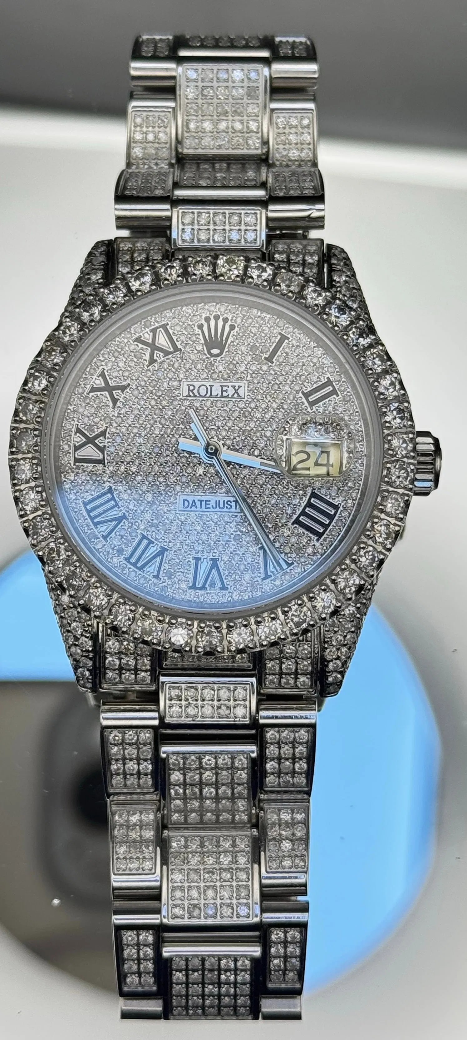 ROLEX REF R16013 STAINLESS STEEL 10K GOLD DIAMOND WATCH 9.5CT: Rolex ref R16013 featuring 36mm dial in stainless steel and aftermarket 10K gold bezel with diamonds. Full diamond dial with white face and roman numerals. Custom diamond Jubilee band with fold-over c