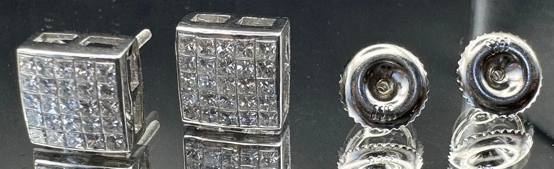 14K WHITE GOLD PRINCESS CUT DIAMOND CLUSTER STUD EARRINGS 1.00CT: 14K white gold diamond cluster stud earrings featuring 1.00ct princess cut earth-mined diamonds, F color, VS1 clarity, invisible set. 25 diamonds per earring. Screw-back closure. Total weight 2.1 gram
