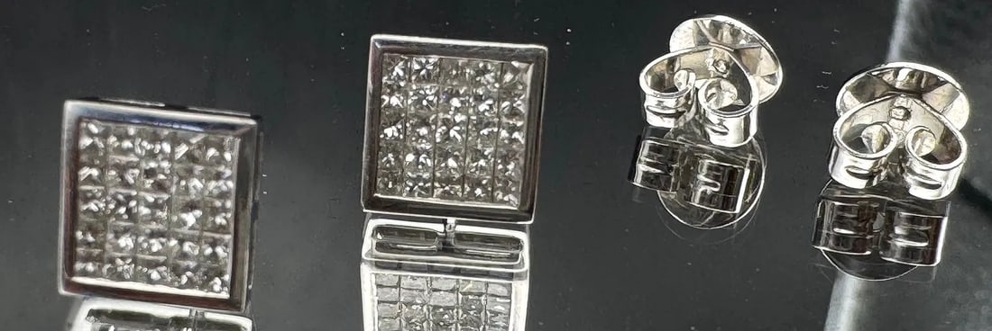 14K WHITE GOLD PRINCESS DIAMOND CLUSTER STUD EARRINGS 1.00CT: 14K white gold diamond cluster stud earrings featuring 1.00ct princess cut earth-mined diamonds, F/G color, VS2/SI1 clarity, invisible set. 25 diamonds per earring. Push-back closure. Total weight 3.1