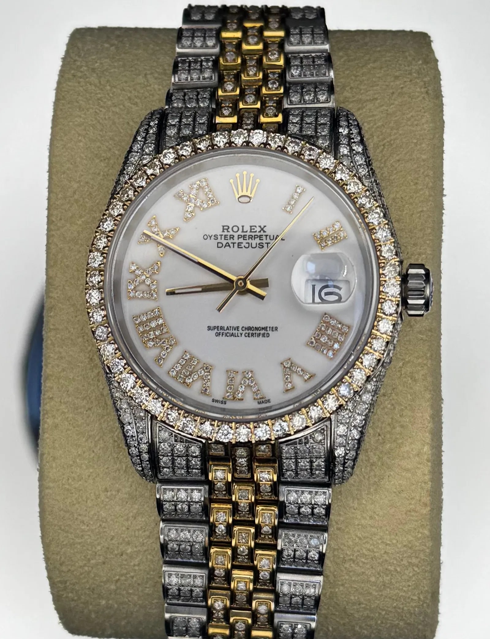 ROLEX REF R16013 STAINLESS STEEL 10K GOLD DIAMOND WATCH 9.5CT: Rolex ref R16013 featuring 36mm dial in stainless steel and 10K gold bezel with diamonds. Full diamond dial with white face and roman numerals. Custom diamond Jubilee band with fold-over clasp. Total 
