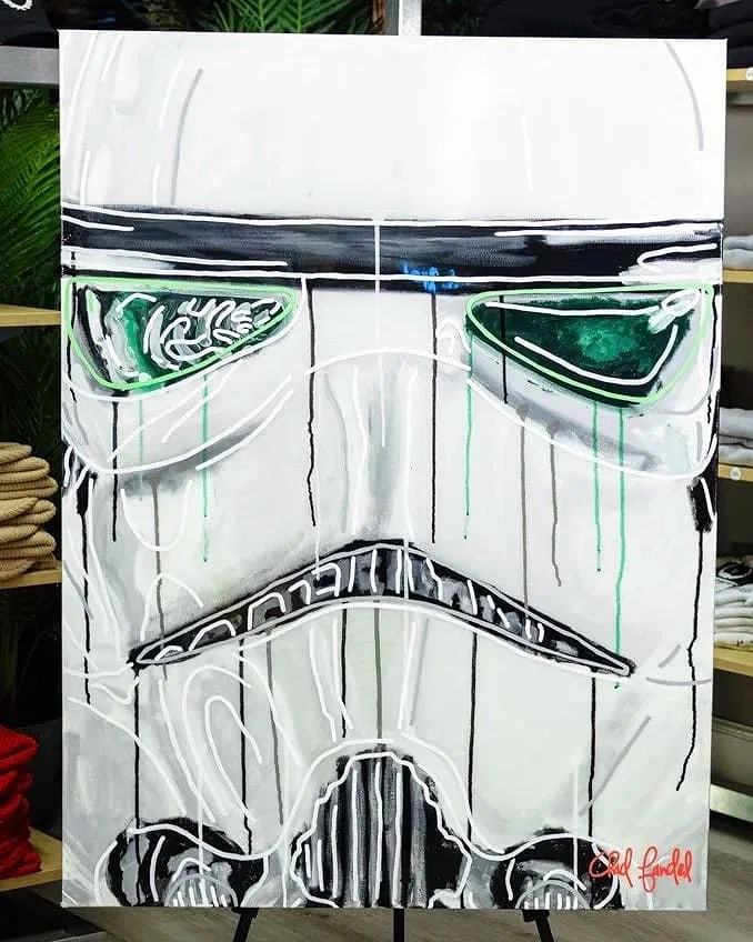 BUCKETHEAD 2023 ORIGINAL MIXED MEDIA PAINTING CHAD FANDEL 1/1: BUCKETHEAD, Acrylic, watercolor, oil pastel, markers, epoxy resin on canvasA bold, minimalist yet expressive interpretation of the iconic Stormtrooper helmet, Buckethead strips the subject down to its