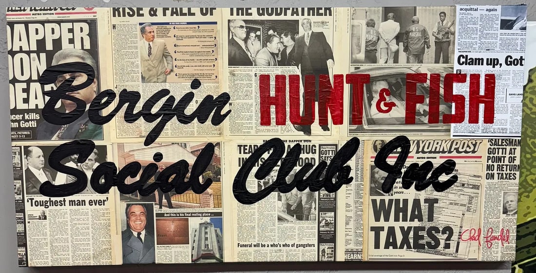 SOCIAL CLUB 2025 ORIGINAL MIXED MEDIA PAINTING CHAD FANDEL 1/1: SOCIAL CLUB, Acrylic, vintage newspapers from the 1980s, 90s, and early 2000s, on canvas “Social Club" by Chad Fandel is a bold and gritty pop art mixed media piece crafted with acrylic and layered 