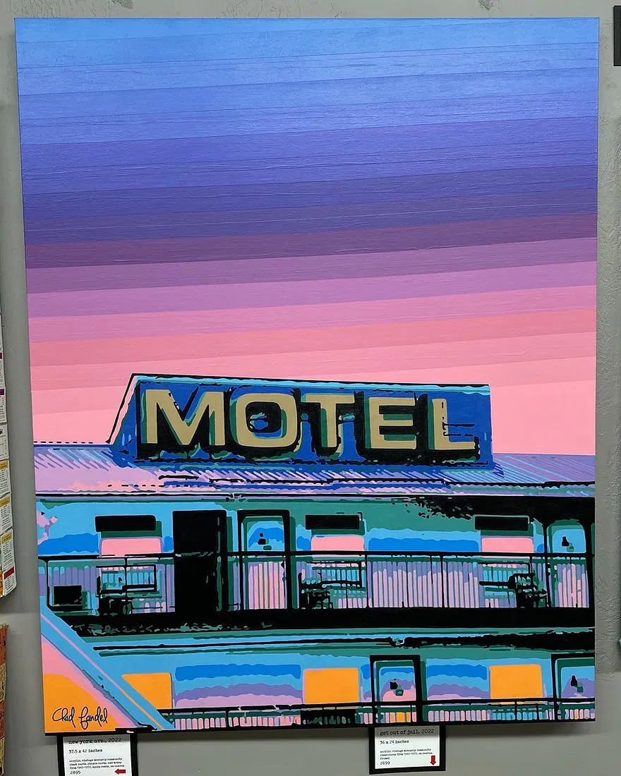 MOTOR HOTEL 2023 ORIGINAL POP ART PAINTING CHAD FANDEL 1/1: MOTOR HOTEL, Acrylic on canvasA bold pop art composition, Motor Hotel captures a nostalgic roadside Americana scene through a contemporary lens, using clean line-work, simplified forms, and vibrant co