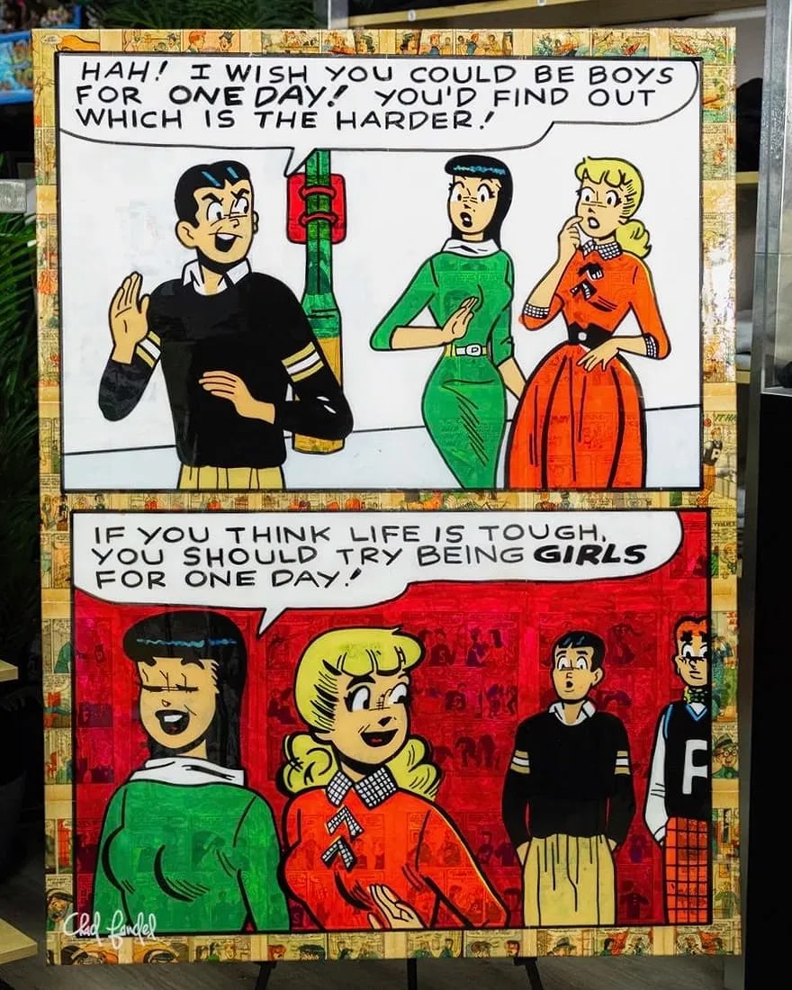 TRY BEING GIRLS 2023 ORIGINAL MIXED MEDIA CHAD FANDEL 1/1: TRY BEING GIRLS, 202336 x 48 inchesAcrylic, original pages from Archie's Pals ’n’ Gals #13 (1960), epoxy resin on canvasA bold pop art composition that reimagines vintage comic culture through a c