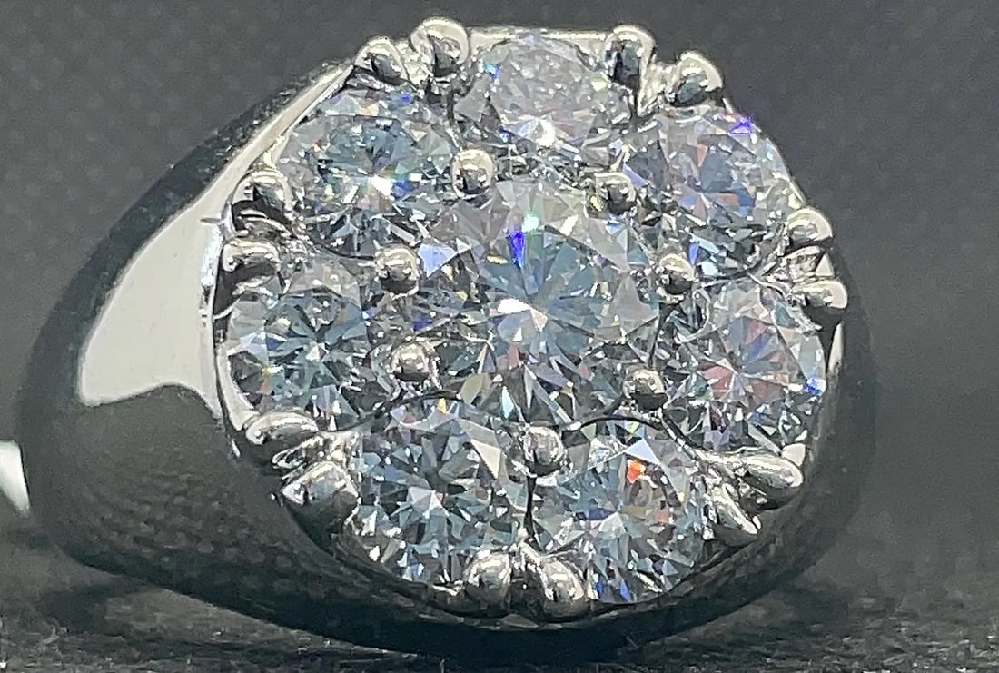 14K WHITE GOLD 3.75CTW LAB GROWN DIAMOND RING: 14K white gold ring featuring 3.75 carats total weight of round brilliant cut laboratory grown diamonds. The stones are expertly crafted in a secure prong setting, boasting F color and VS2 clarity. Th