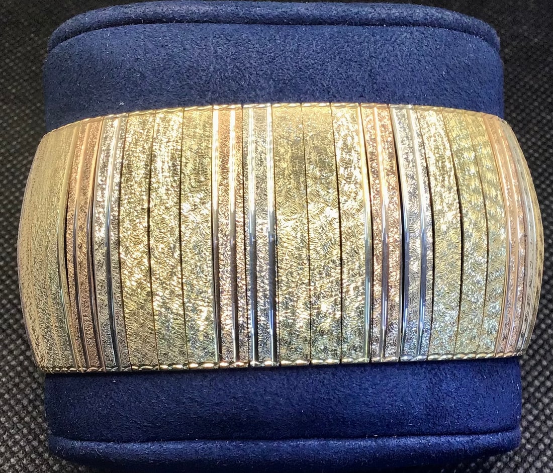 14k Italian Tri-Color Gold Semi-Flexible Vertical Bar Link Bracelet (59.8g): This exceptional Italian-crafted bracelet is a masterwork of tri-color gold design and structural elegance. Handcrafted in solid 14k yellow, white, and rose gold, the semi-flexible piece features a un