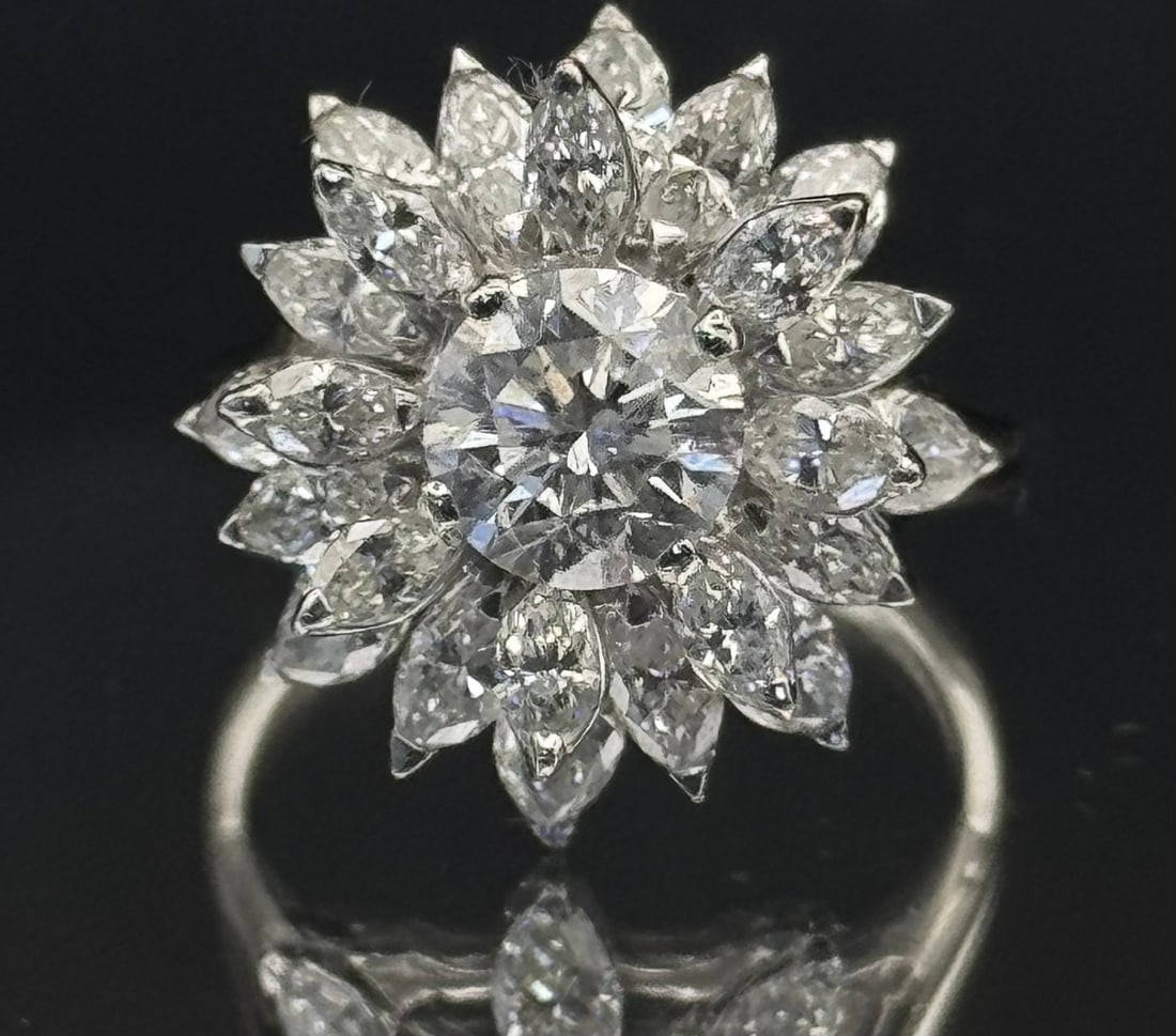 6.78ctw Natural Earth-Mined Diamond Statement Ring | Solid Platinum (10g): A massive "Sunflower" masterwork featuring 6.78 carats of Natural Earth-Mined Diamonds. The center showcases a 1.78ct round brilliant (G-H Color, SI1 Clarity Enhanced), encircled by two fiery tiers of