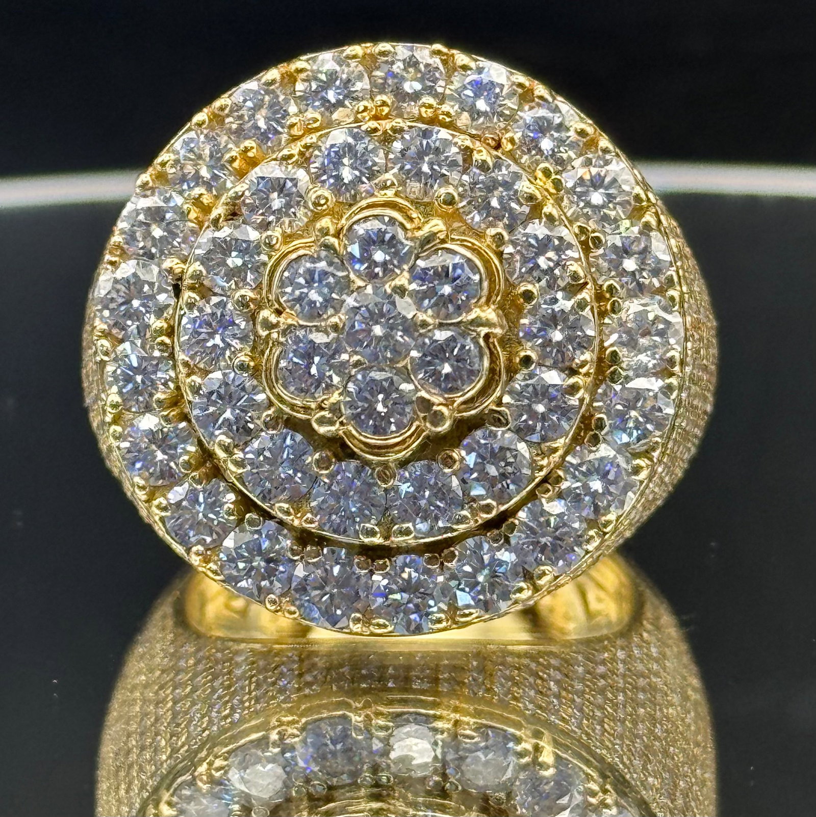 Men's Massive 14k Yellow Gold & Moissanite Ring | 44.5g | Size 13: An absolute powerhouse of a ring, designed for maximum presence. This monumental statement piece is masterfully crafted in 44.5 grams of solid 14k yellow gold. The ring features a breathtaking multi-t