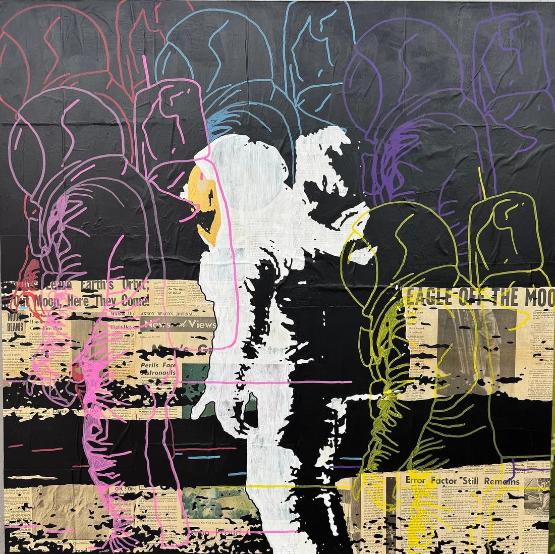 FIRST TO FALL FORWARD 2025 ORIGINAL MIXED MEDIA CHAD FANDEL 1/1: FIRST TO FALL FORWARD, Acrylic, vintage newspaper clippings from 1969, on canvas "First to Fall Forward" by Chad Fandel is a powerful pop art mixed media tribute to one of mankind's greatest achieveme
