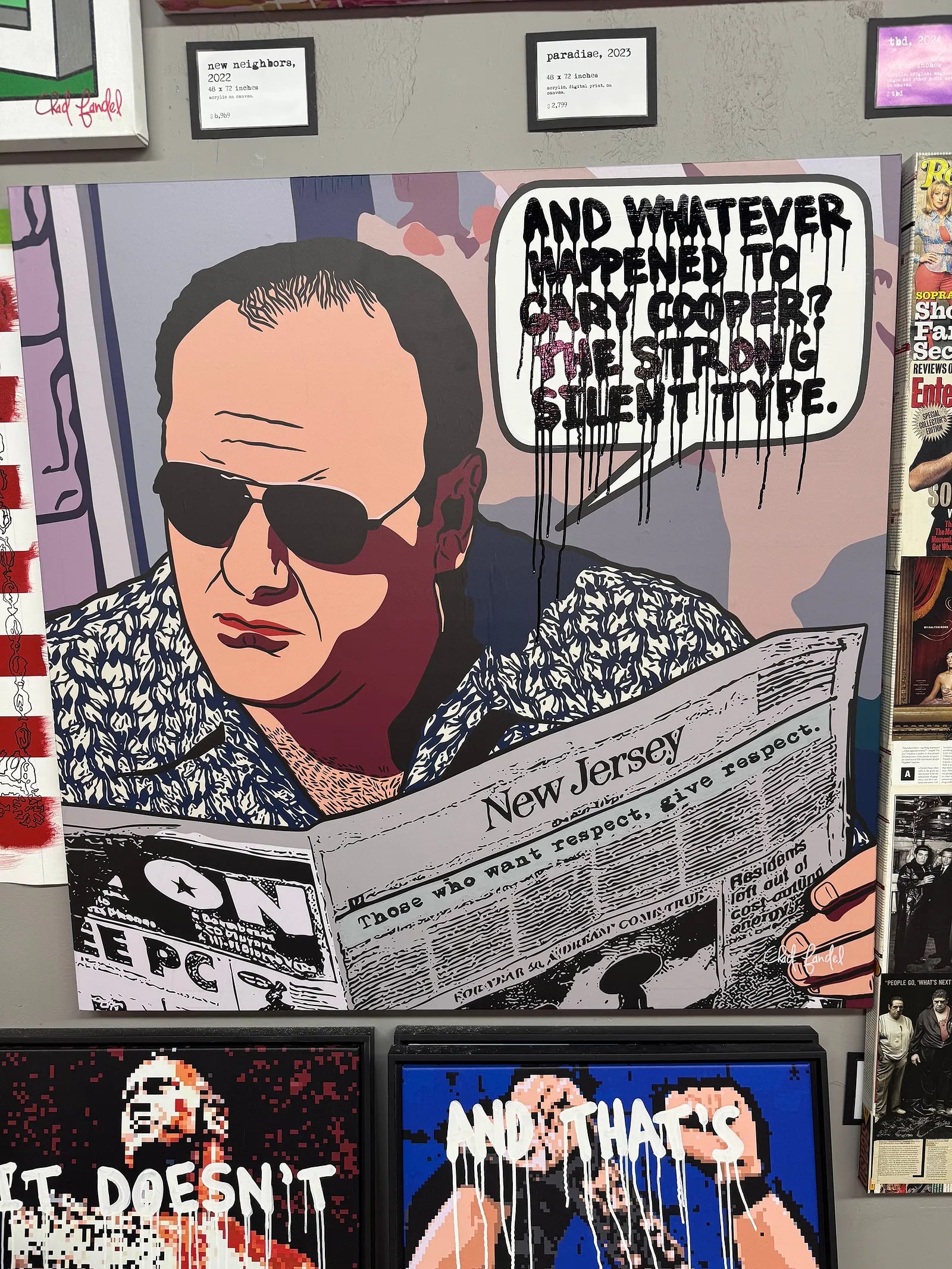 STRONG SILENT TYPE 2025 ORIGINAL MIXED MEDIA CHAD FANDEL 1/1: STRONG, SILENT, TYPE, 202548 x 48 inchesAcrylic, digital print, on canvas.“Strong, Silent Type" by Chad Fandel is a sharp and evocative pop art mixed media piece blending acrylic and digital print o