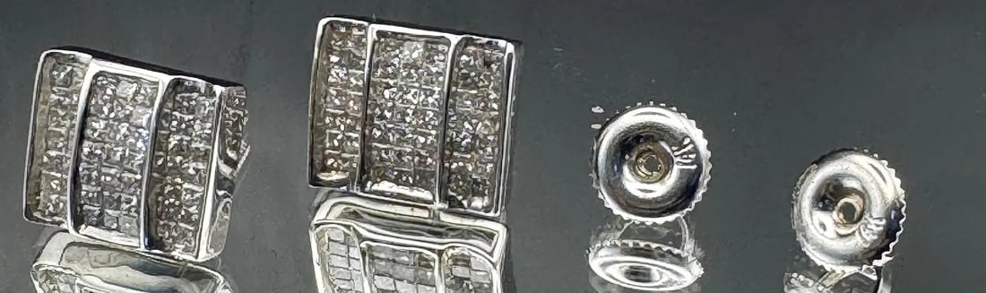 14K WHITE GOLD PRINCESS CUT DIAMOND CLUSTER STUD EARRINGS 1.00CT: 14K white gold diamond cluster stud earrings featuring 1.00ct princess cut earth-mined diamonds, G color, VS2/SI1 clarity, invisible set. 49 diamonds per earring. Screw-back closure. Total weight 3.3 