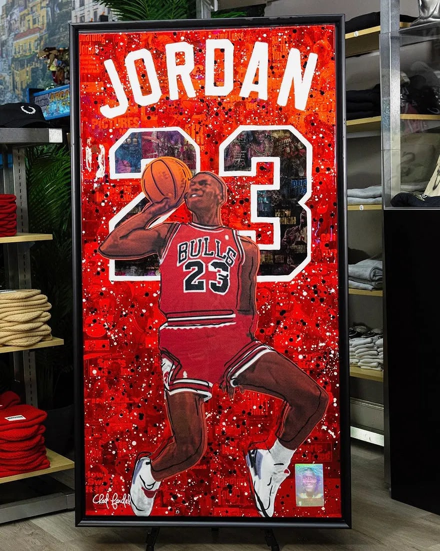 AIR JORDAN 2023 ORIGINAL MIXED MEDIA PAINTING CHAD FANDEL 1/1: AIR JORDAN, Acrylic, original magazine covers, screen-printed vinyl, epoxy resin, on canvas, framed.A bold, mixed media tribute to Michael Jordan that captures the energy, legacy, and cultural impact 