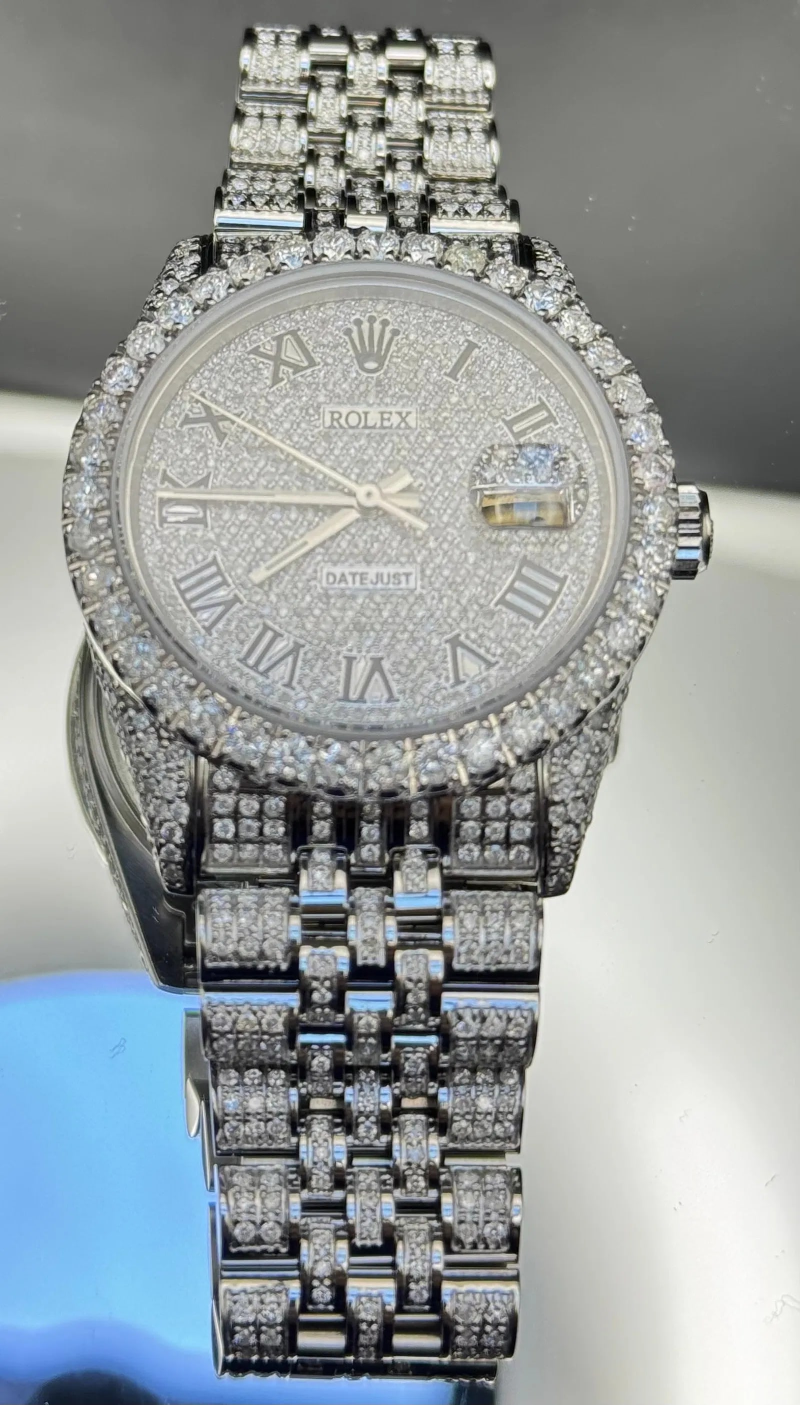 ROLEX STAINLESS STEEL GOLD DIAMOND DIAL JUBILEE BAND DATEJUST WATCH 11.5CT: Rolex watch featuring 36mm dial in stainless steel and gold combination. Full diamond dial with custom diamond Jubilee band, fold-over clasp. Total approximate diamond weight 11.5ct, natural earth-min