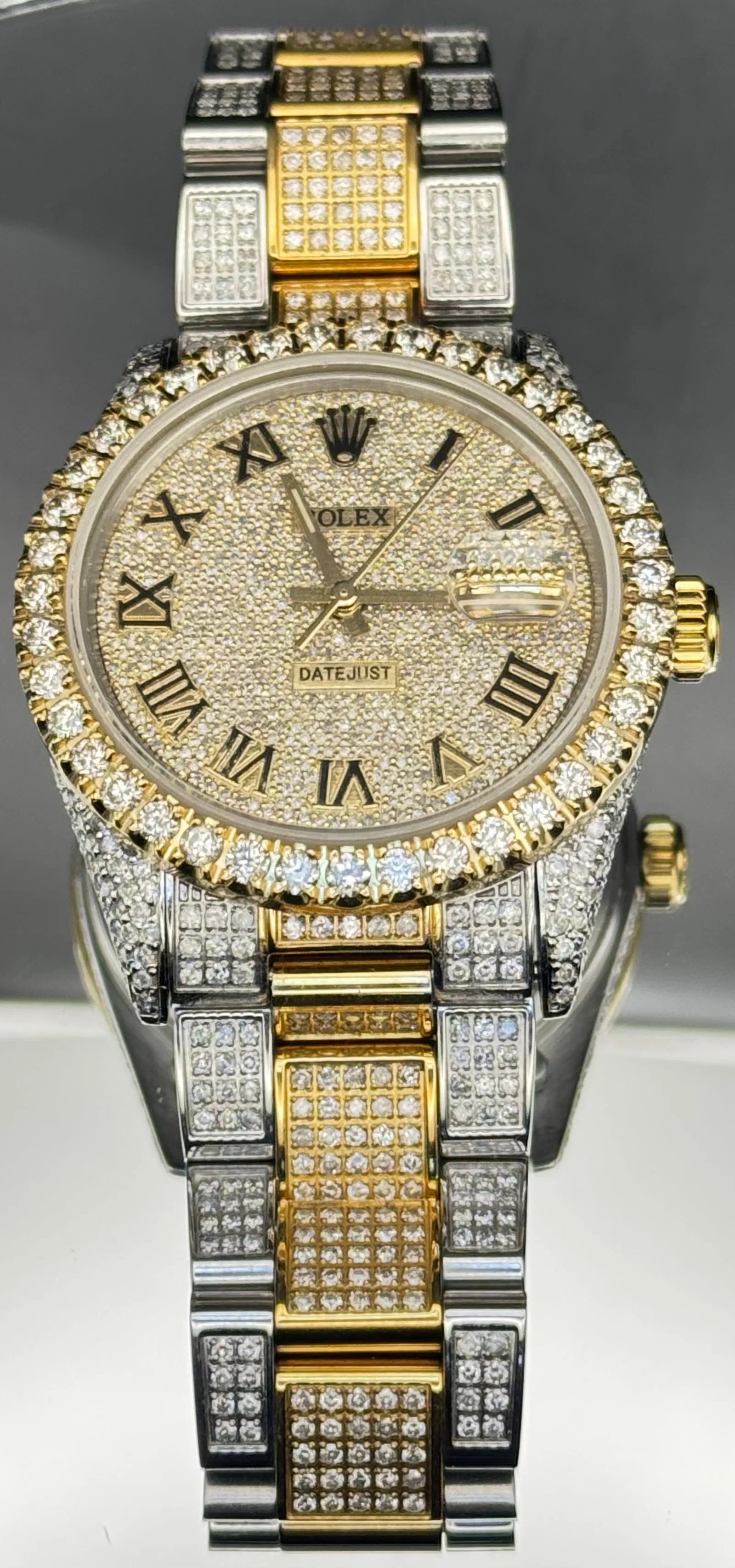 ROLEX STAINLESS STEEL GOLD DIAMOND DIAL JUBILEE BAND DATEJUST WATCH 11.5CT: Rolex datejust watch featuring 36mm dial in stainless steel and gold combination. Full diamond face with custom diamond Jubilee band, fold-over clasp. Total approximate diamond weight 11.5ct, natural 