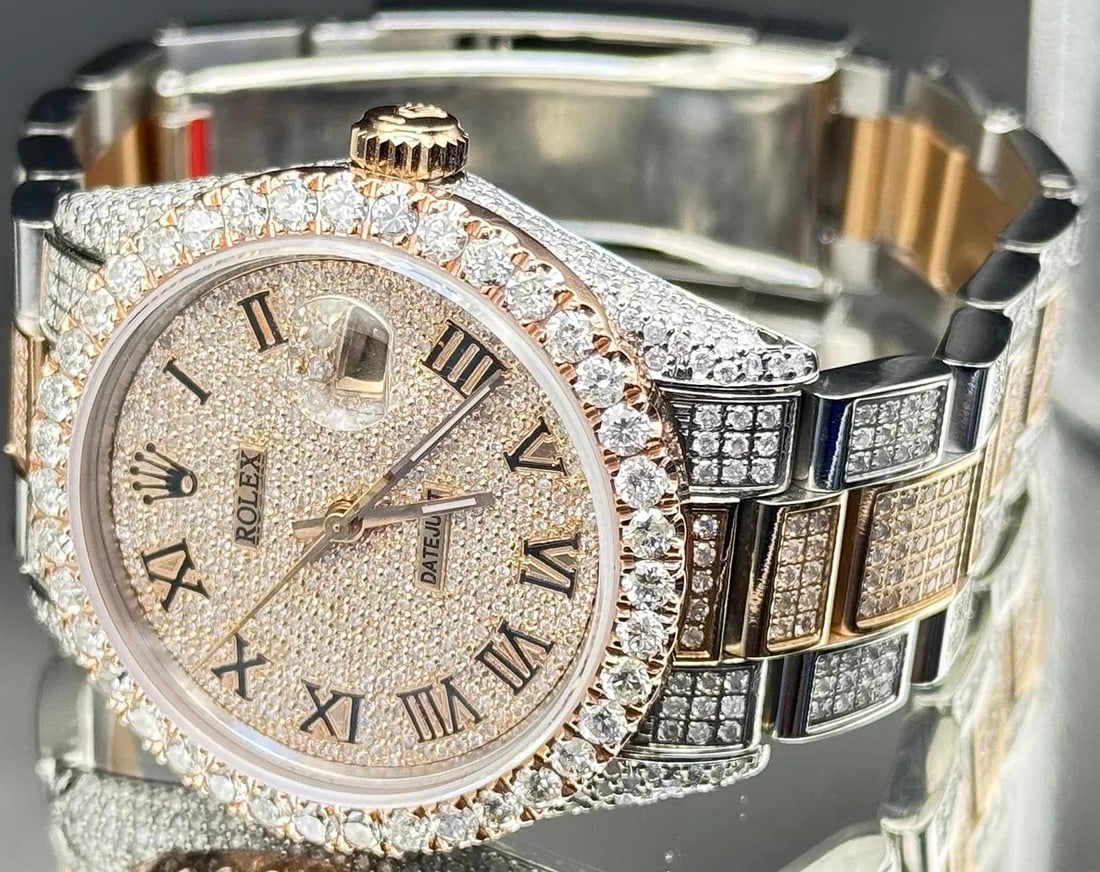 ROLEX STAINLESS STEEL GOLD DIAMOND DIAL JUBILEE BAND DATEJUST WATCH 11.5CT: Rolex datejust watch featuring 36mm dial in stainless steel and gold combination. Full diamond face with custom diamond Jubilee band, fold-over clasp. Total approximate diamond weight 11.5ct, natural 