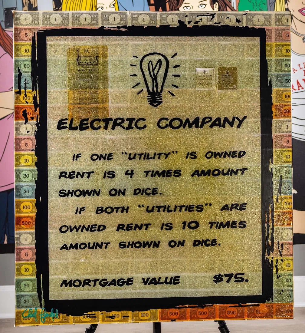 ELECTRIC CO. 2022 ORIGINAL MIXED MEDIA PAINTING CHAD FANDEL 1/1: ELECTRIC CO., Acrylic, vintage Monopoly deed cards and money (1940 - 1970), gold flakes, epoxy resin on canvasA bold pop art composition that reimagines the iconic Monopoly "Electric Company"card thro